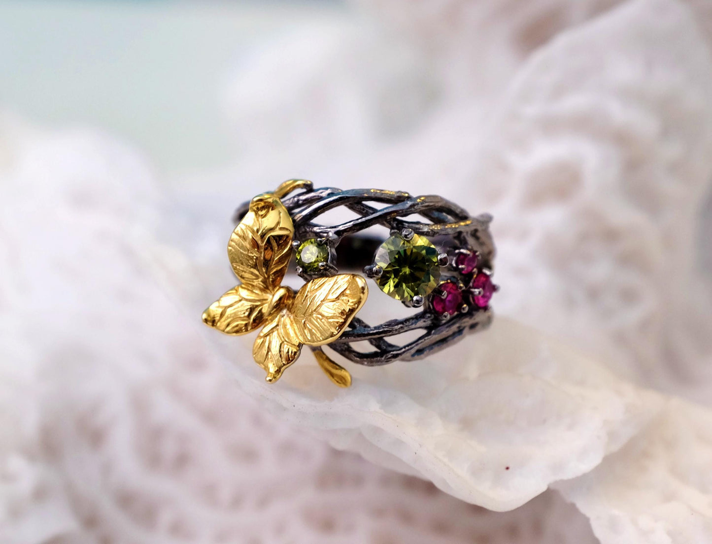 925 sterling silver butterfly peridot ring