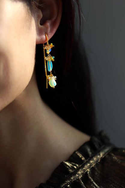 925 Sterling Silver Rainbow Opal Gold Earrings