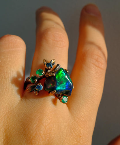 925 Sterling Silver Raw Black Opal Branch Ring
