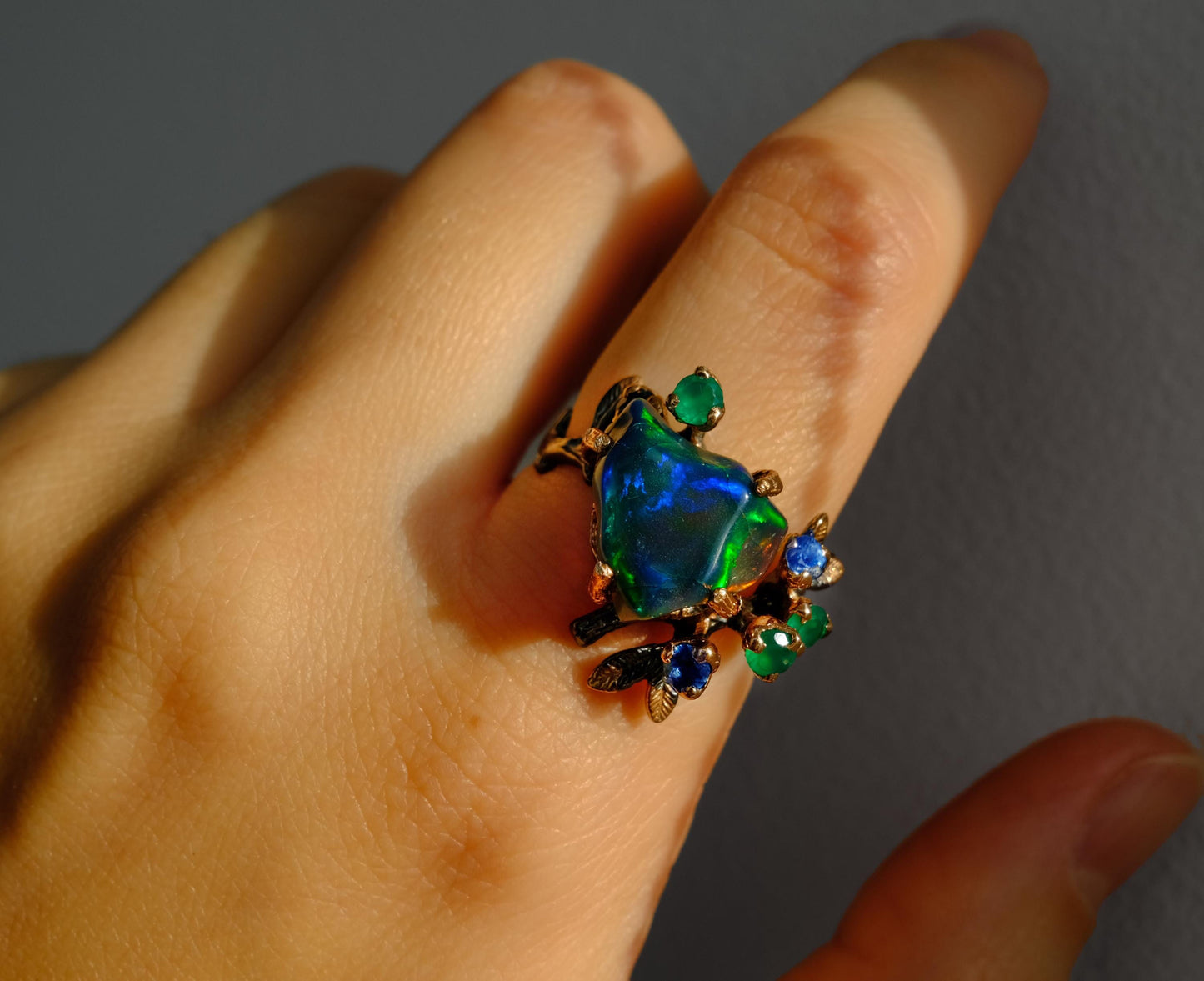 925 Sterling Silver Raw Black Opal Branch Ring