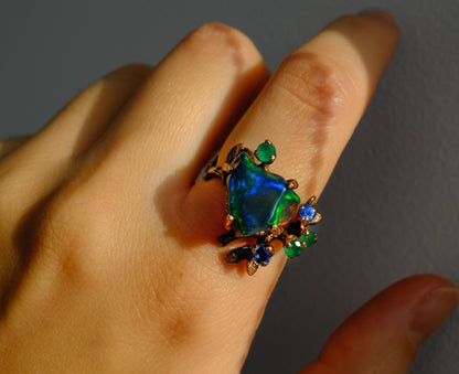 925 Sterling Silver Raw Black Opal Branch Ring