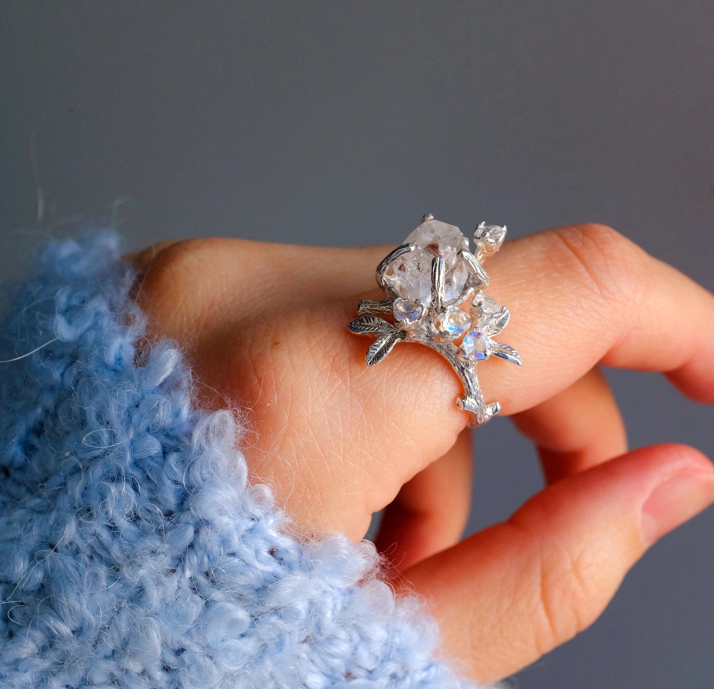 14K solid gold raw herkimer diamond ring