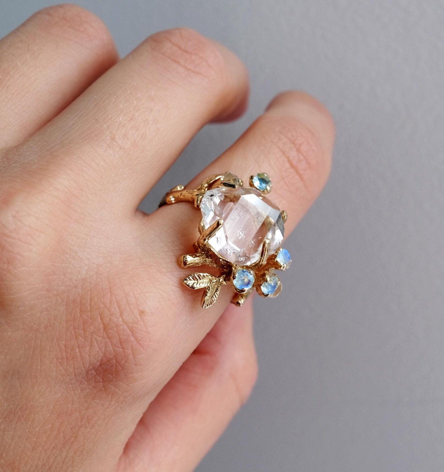 14K solid gold raw herkimer diamond ring