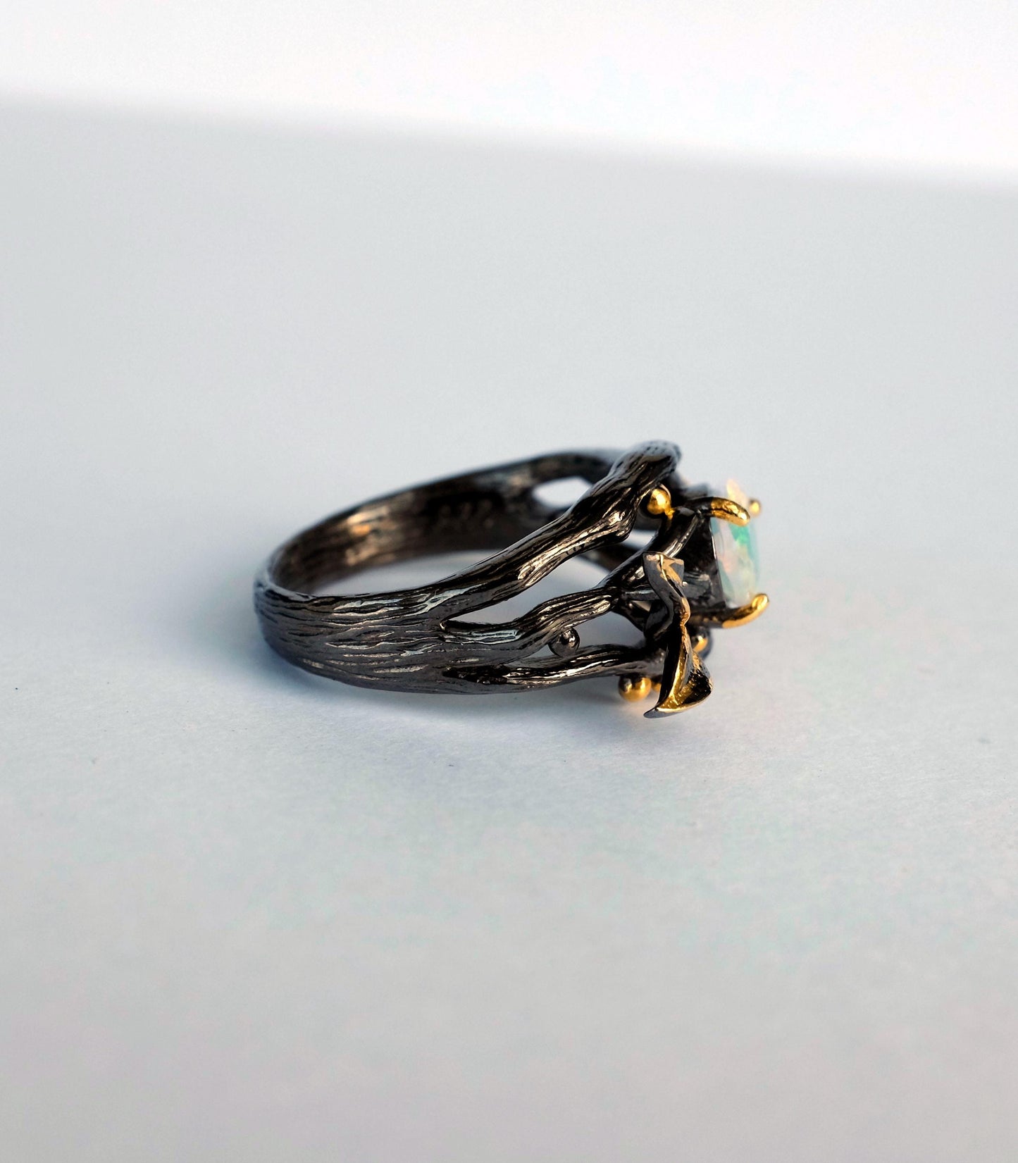 925 Sterling Silver Black Opal Branch Ring