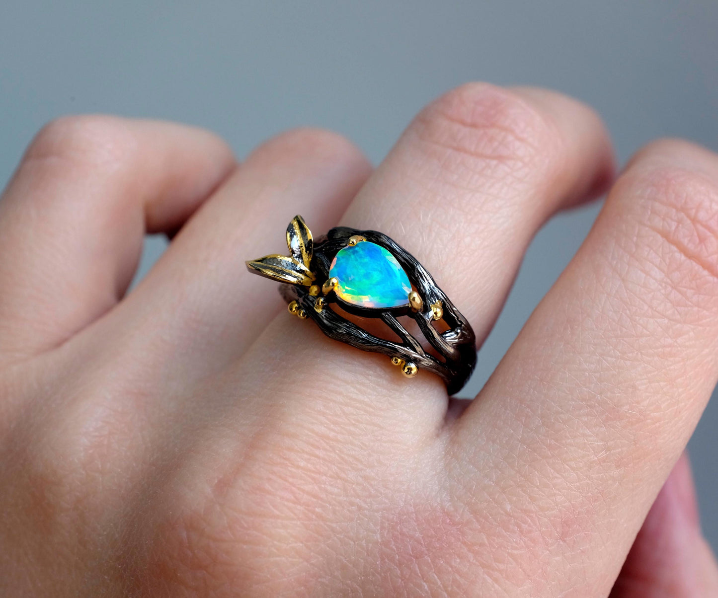 925 sterling silver rainbow opal branch pear ring