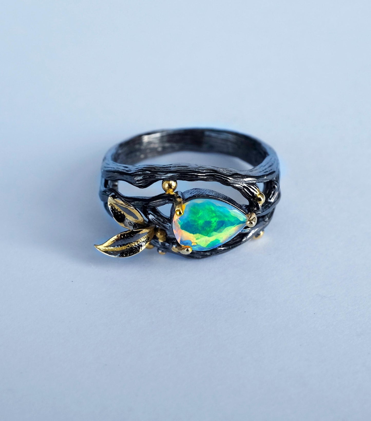 925 sterling silver rainbow opal branch pear ring