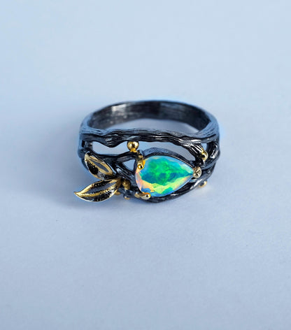 925 sterling silver rainbow opal branch pear ring