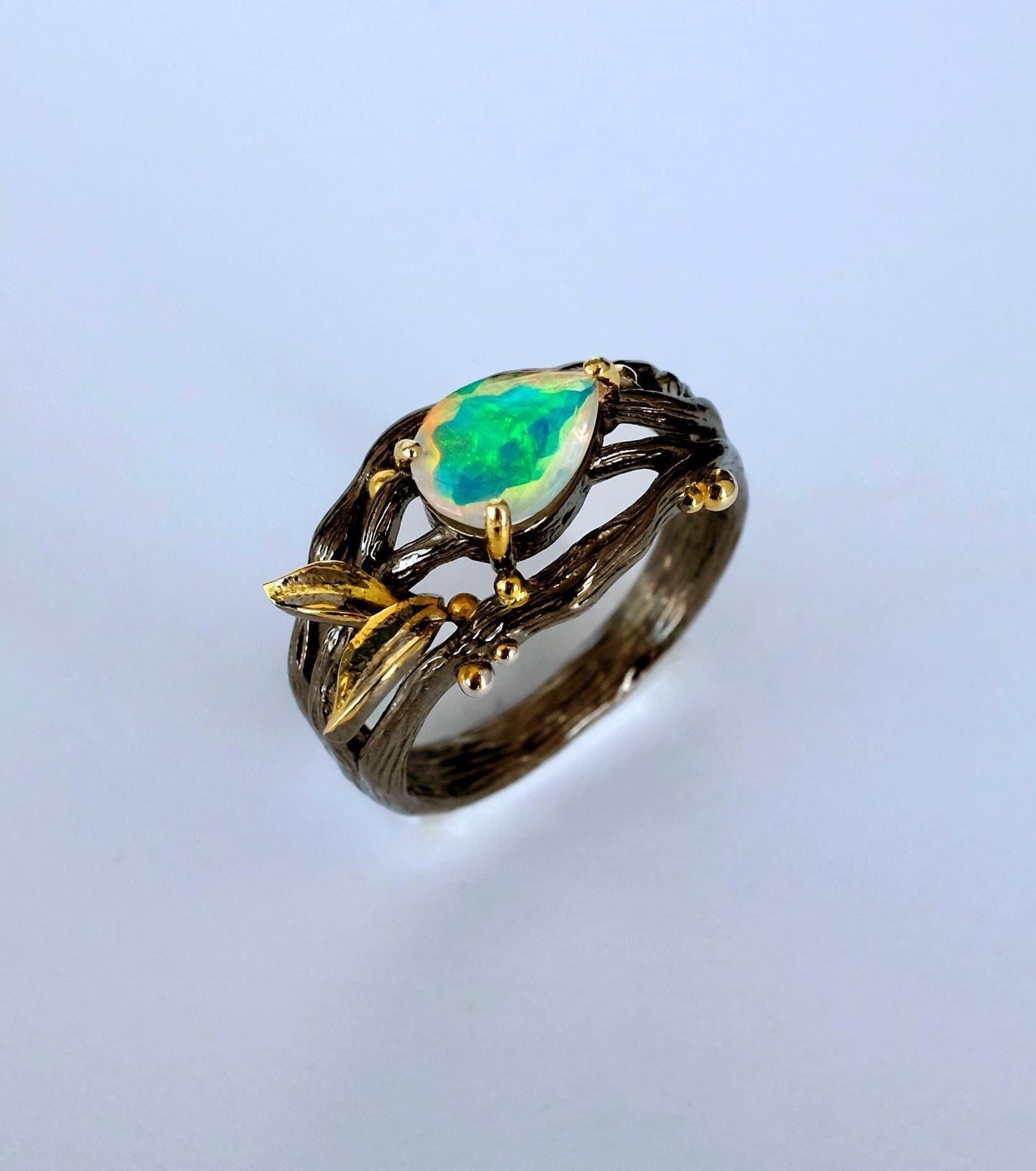 925 sterling silver rainbow opal branch pear ring