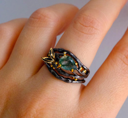 925 Sterling Silver Moss Agate Pear Ring