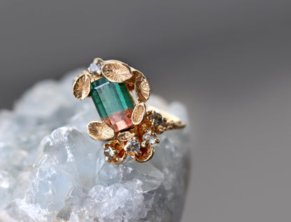 14K Solid Gold Bi-Color Tourmaline Mushroom Ring