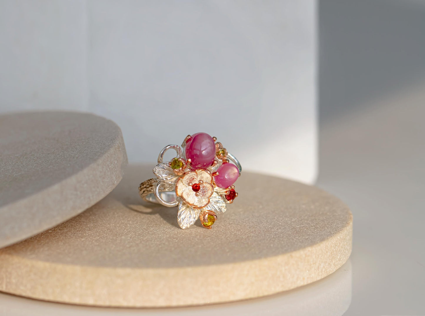 925 Sterling Silver Pink Ruby Flower Fantasy Ring