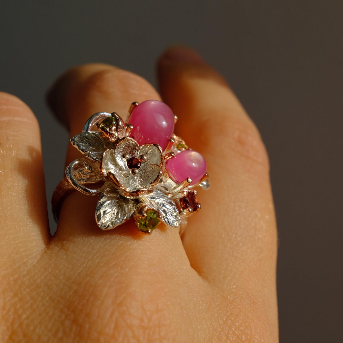 925 Sterling Silver Pink Ruby Flower Fantasy Ring