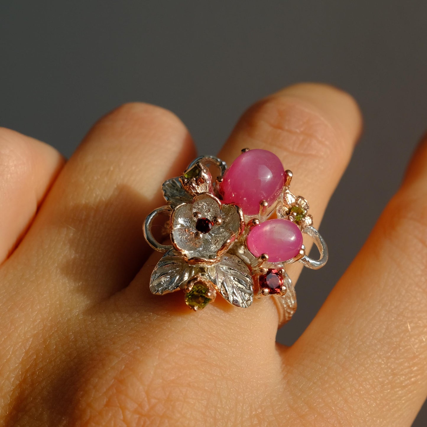 925 Sterling Silver Pink Ruby Flower Fantasy Ring