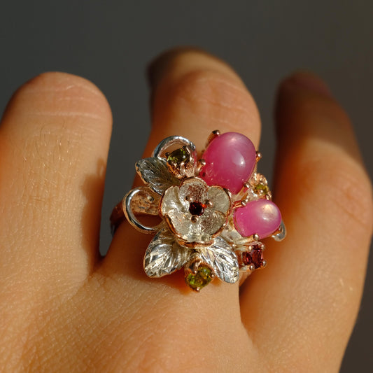 925 Sterling Silver Pink Ruby Flower Fantasy Ring