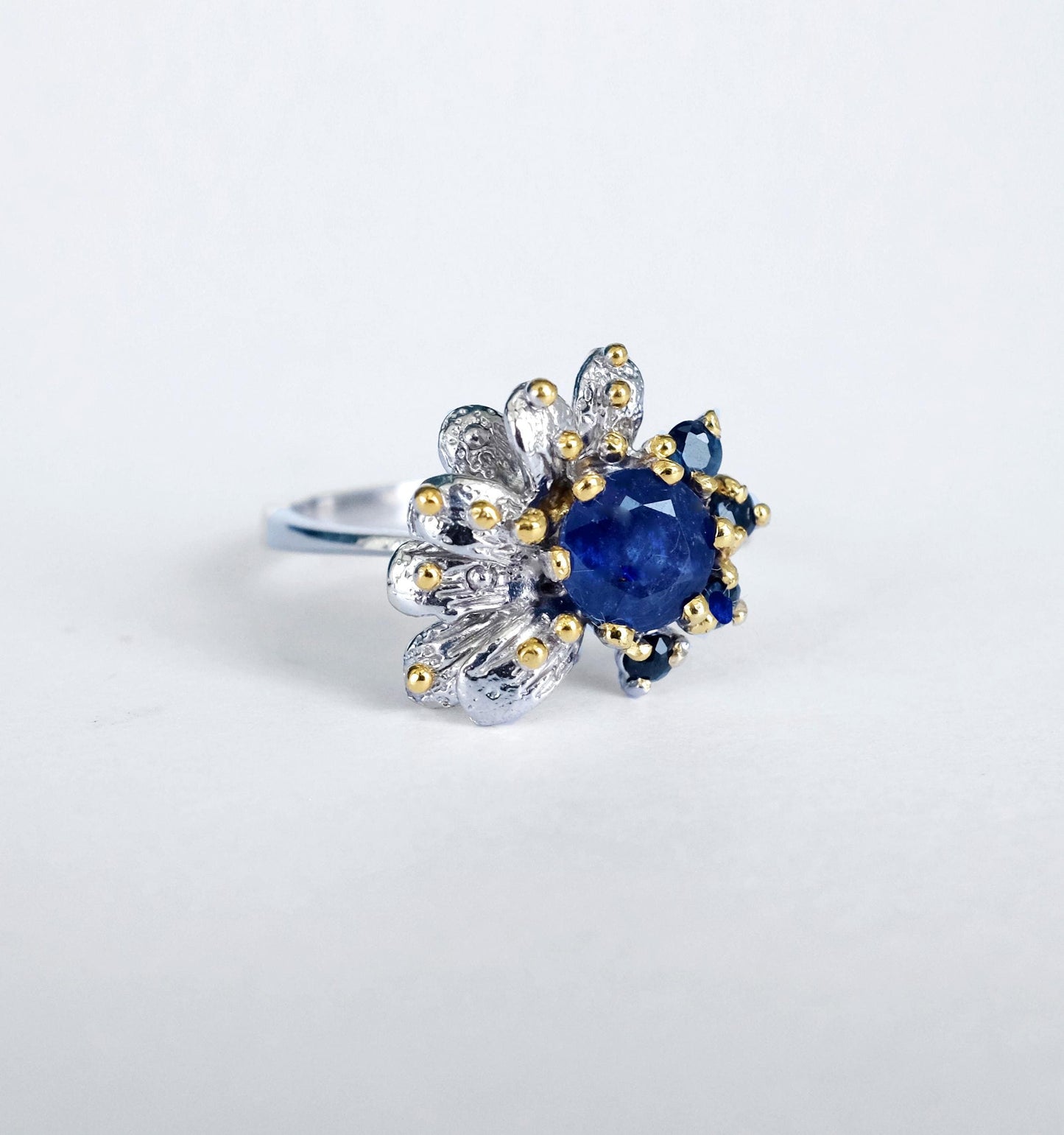 925 Sterling Silver Real Sapphire Flower Ring