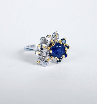 925 Sterling Silver Real Sapphire Flower Ring
