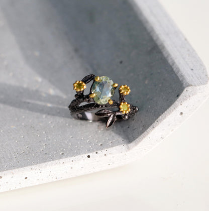 925 Sterling Silver Green Amethyst Leaf Ring