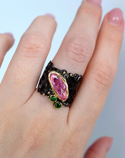 925 Sterling Silver Raw Pink Ruby Statement Ring