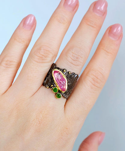925 Sterling Silver Raw Pink Ruby Statement Ring