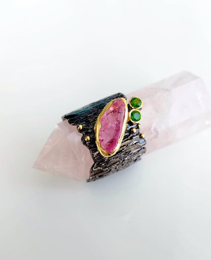 925 Sterling Silver Raw Pink Ruby Statement Ring