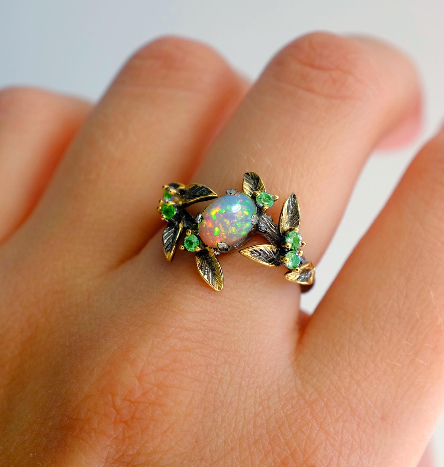 925 Sterling Silver Black Opal Branch Ring