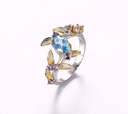 925 Sterling Silver Blue Topaz Nature Ring