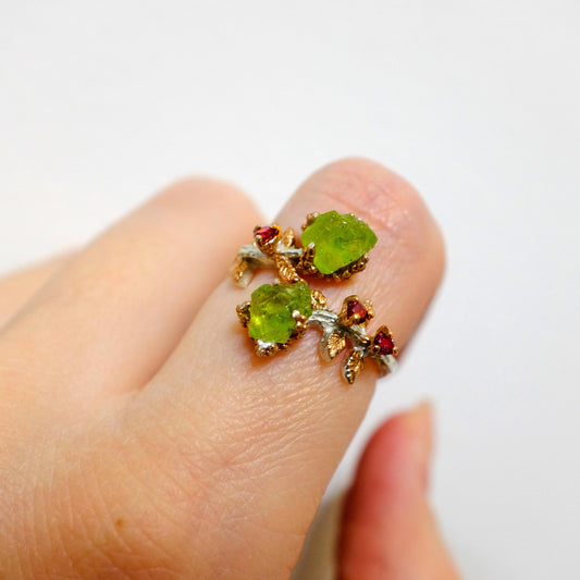 925 Sterling Silver Raw Green Peridot Toi Et Moi Ring
