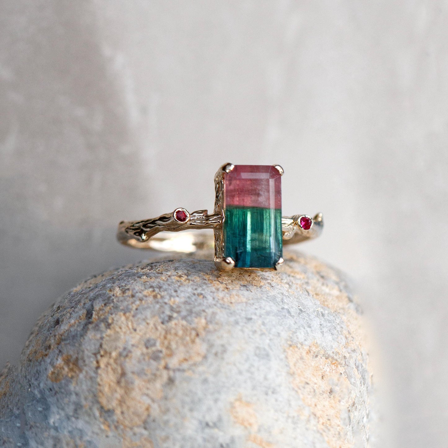 14K Solid Gold Watermelon Tourmaline Ring Set
