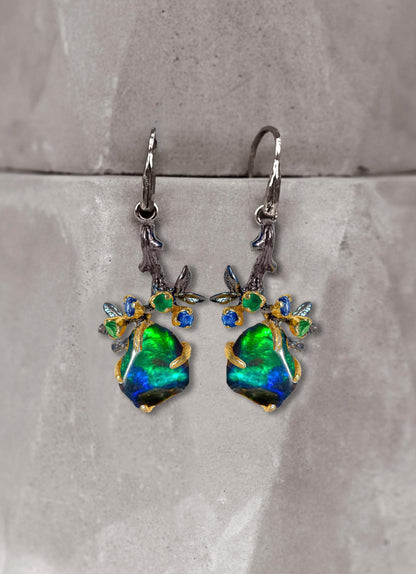 925 Sterling Silver Raw Black Opal Leaf Earrings