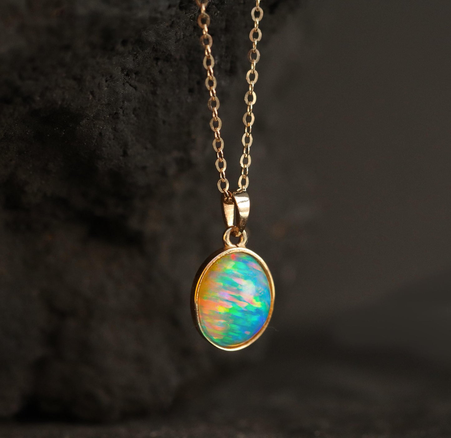 14K solid gold tiny oval opal necklace