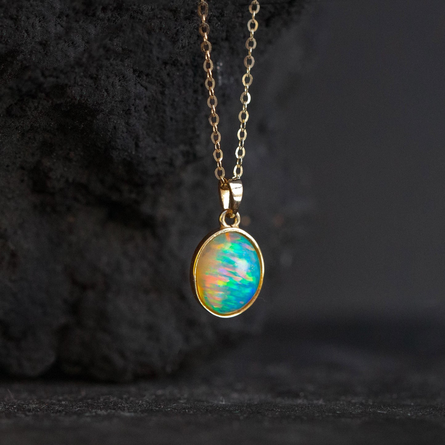 14K solid gold tiny oval opal necklace