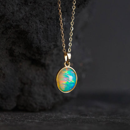 14K solid gold tiny oval opal necklace