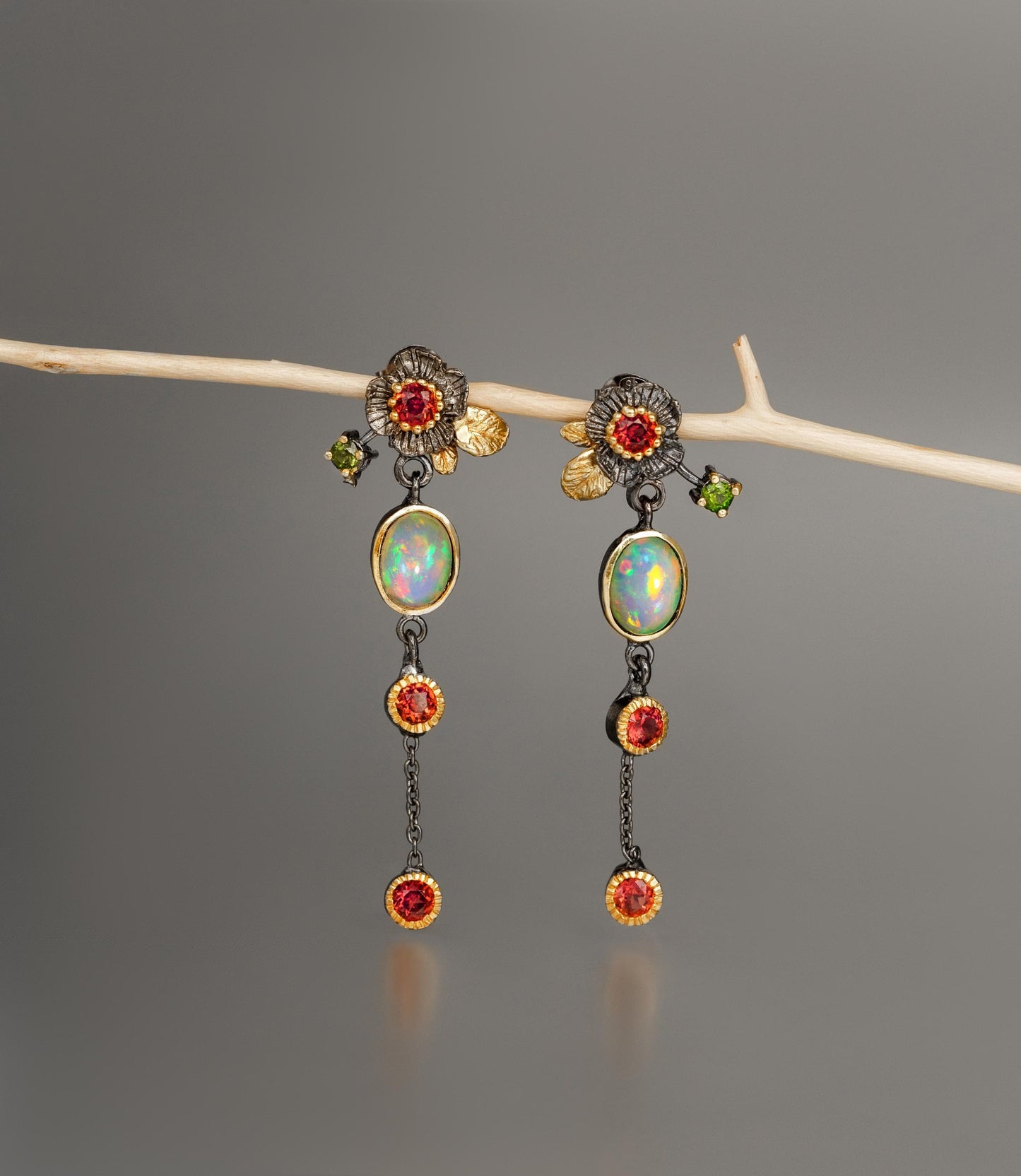 925 Sterling Silver Fire Opal Flower Dangle Earrings