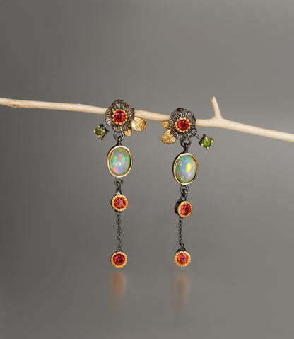925 Sterling Silver Fire Opal Flower Dangle Earrings