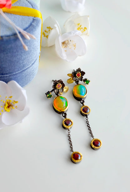 925 Sterling Silver Fire Opal Flower Dangle Earrings
