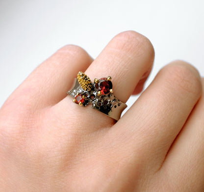 925 Sterling Silver Garnet Black Band Ring