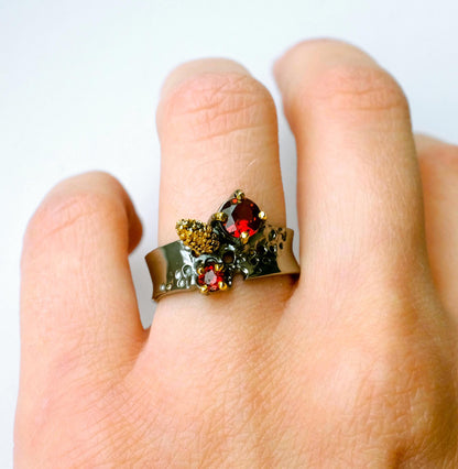 925 Sterling Silver Garnet Black Band Ring