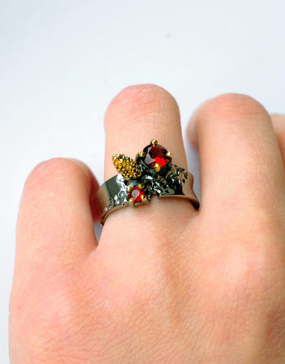 925 Sterling Silver Garnet Black Band Ring