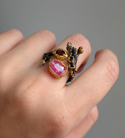 925 Sterling Silver Pink Ruby Branch Ring