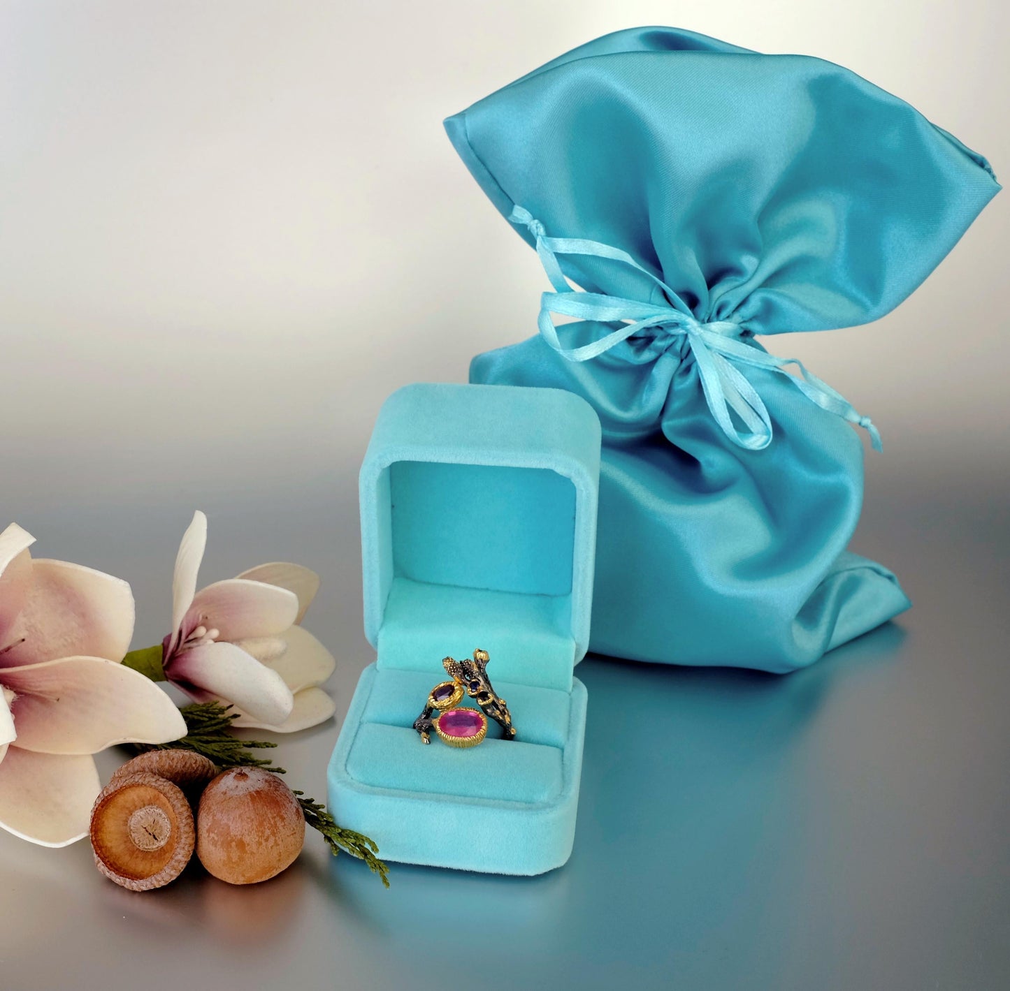 925 Sterling Silver Pink Ruby Branch Ring