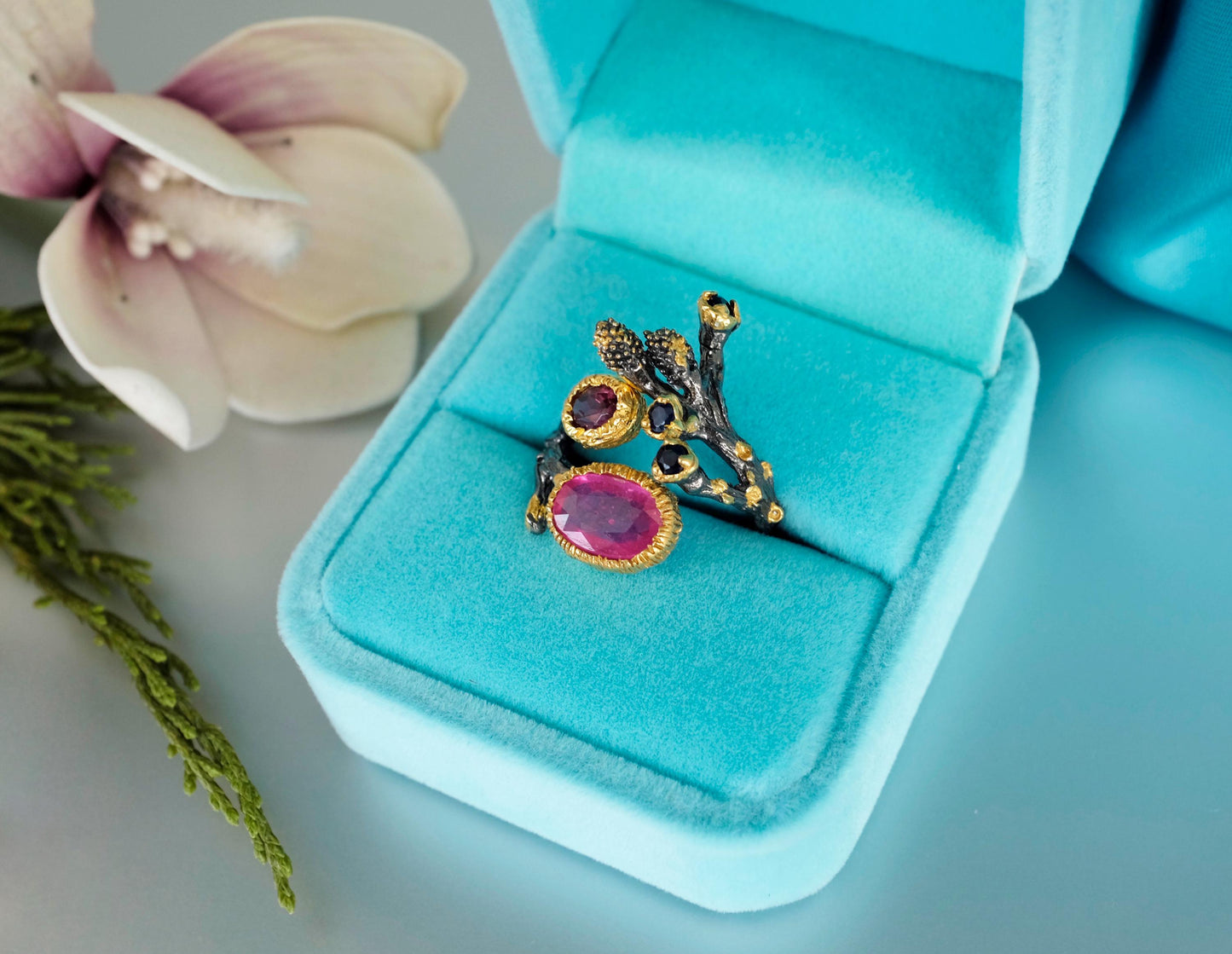 925 Sterling Silver Pink Ruby Branch Ring