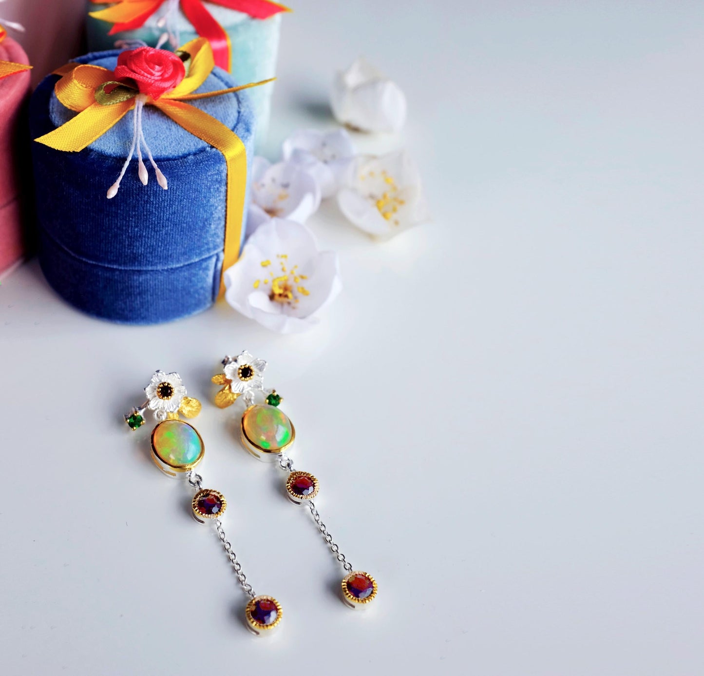 925 Sterling Silver Fire Opal Flower Dangle Earrings