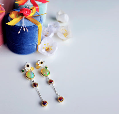 925 Sterling Silver Fire Opal Flower Dangle Earrings