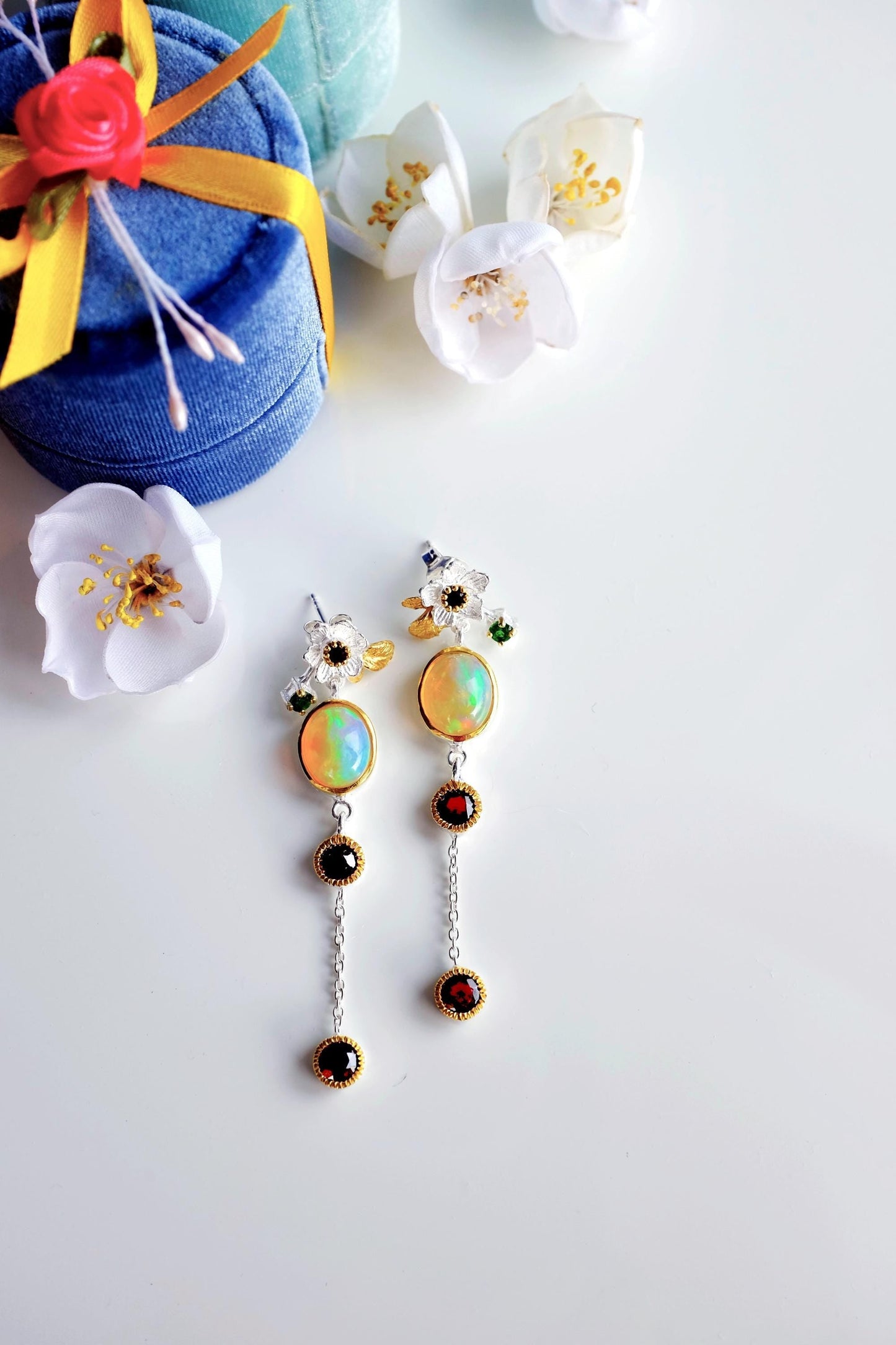 925 Sterling Silver Fire Opal Flower Dangle Earrings