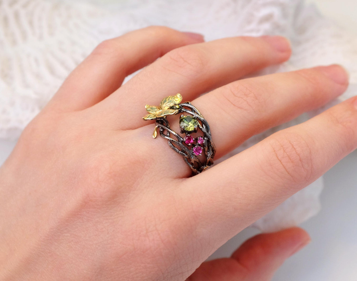 925 sterling silver butterfly peridot ring