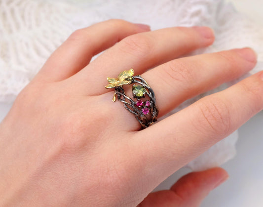 925 sterling silver butterfly peridot ring