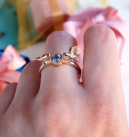 14K Solid Gold Aquamarine Bird Toi et Moi Ring