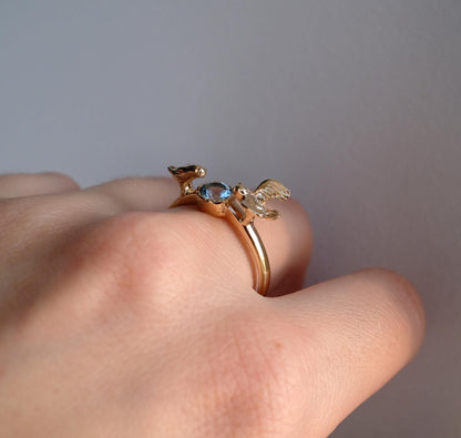 14K Solid Gold Aquamarine Bird Toi et Moi Ring
