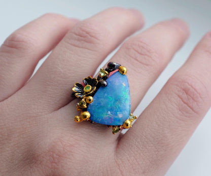 925 sterling silver boulder opal flower ring