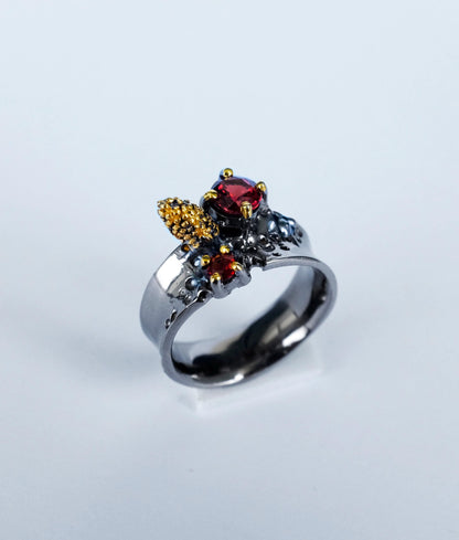 925 Sterling Silver Garnet Black Band Ring